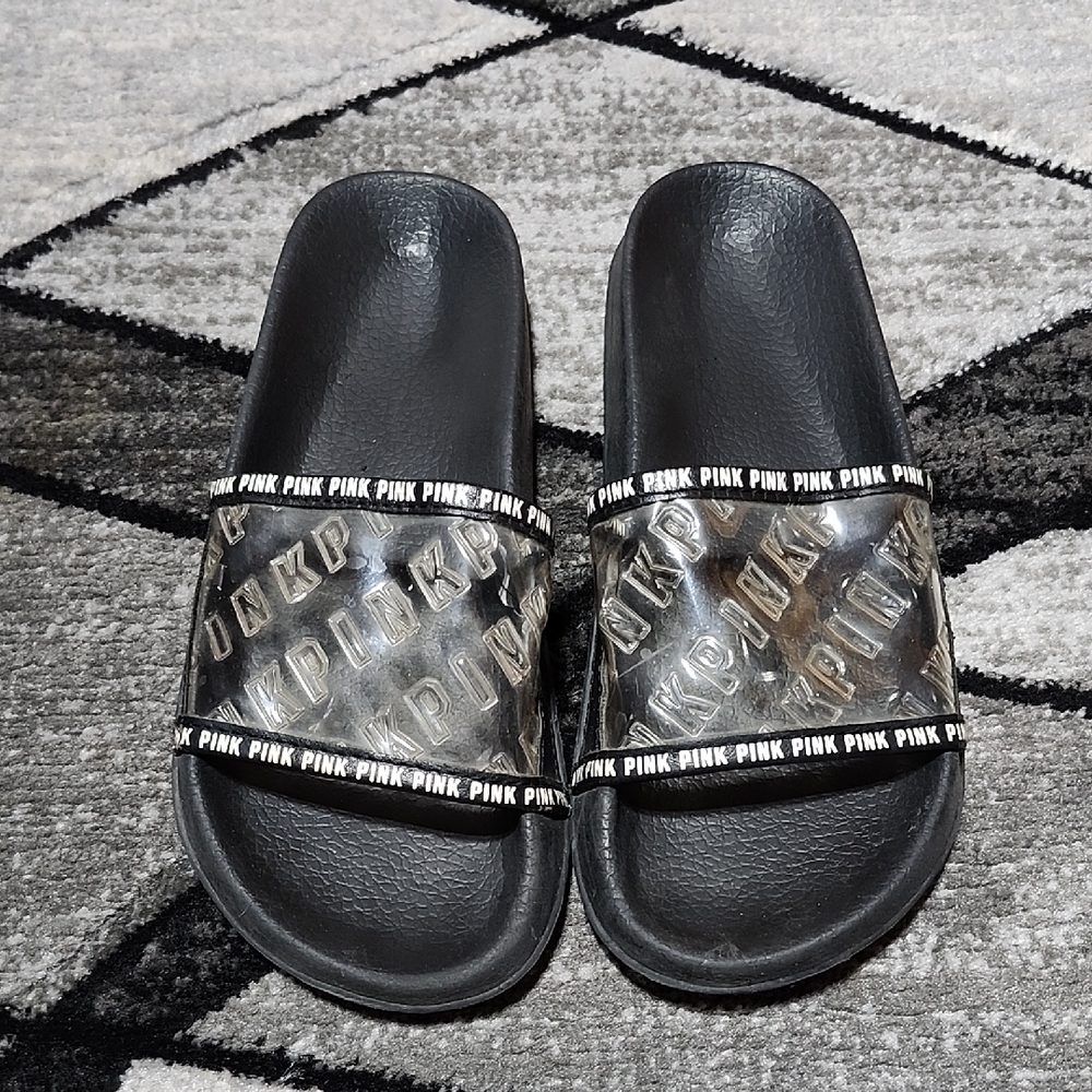 VS PINK CLEAR EMBOSSED LOGO SINGLE STRAP SLIDES LARGE
